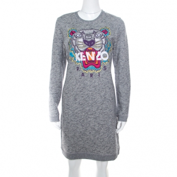 Pre Owned Kenzo Grey Melange Knit Cotton Embroidered Tiger Motif Sweater Dress M