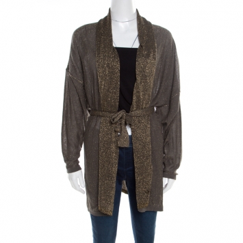 Pre Owned Kenzo Grey Lurex Knit Belted Cardigan M