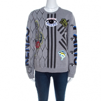 Pre Owned Kenzo Grey Cotton Multi Icon Detail Embroidered Sweatshirt  L