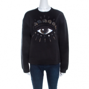 Pre Owned Kenzo Black Fleece Lined Lotus Eye Embroidered Neoprene Sweatshirt M