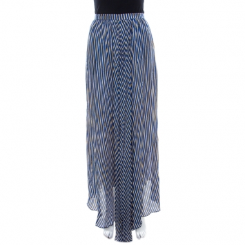 Pre Owned Kenzo Blue and Yellow Striped Silk Asymmetric Hem Skirt M