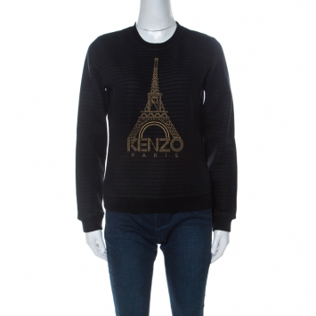 Pre Owned Kenzo Black Knit Metallic Eiffel Tower Motif Sweatshirt S