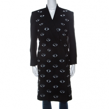Pre Owned Kenzo Black Wool Blend Eye Embroidered Double Breasted Coat L