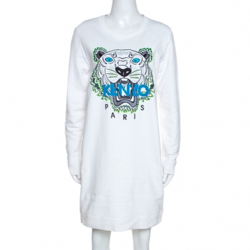 Pre Owned Kenzo White Cotton Jersey Tiger Embroidery Sweatshirt Dress L