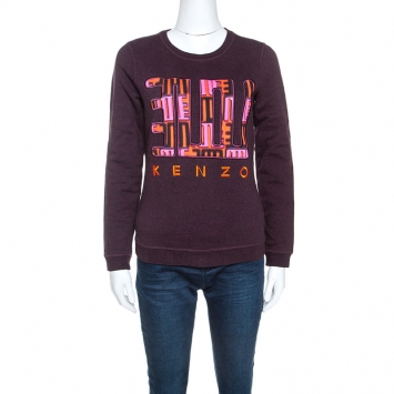 Pre Owned Kenzo Dark Burgundy Knit Love Embroidered Sweatshirt S