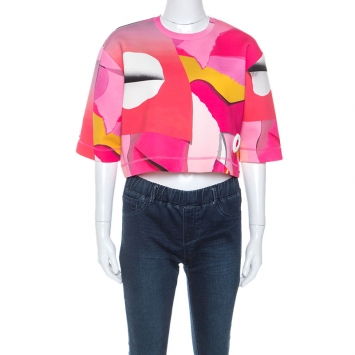 Pre Owned Kenzo Pink Printed Stretch Jersey Neoprene Cropped Top XS
