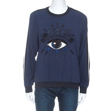 Pre Owned Kenzo Navy Blue Crepe Evil Eye Embroidered Jumper M