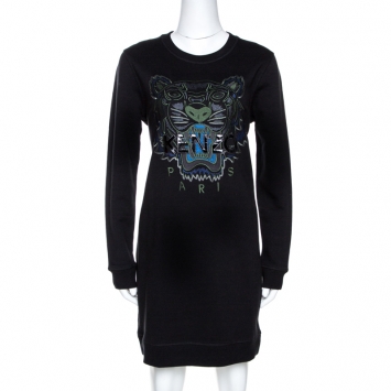 Pre Owned Kenzo Black Logo & Tiger Embroidered Cotton Sweatshirt Dress M