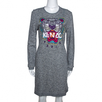 Pre Owned Kenzo Grey Melange Knit Embroidered Tiger Motif Sweater Dress L