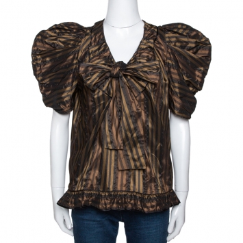 مملوكة مسبقًا Kenzo Brown Striped Silk Blend Bow Detail Ruffled Blouse L 