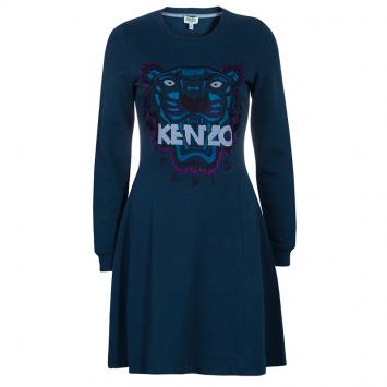 Pre Owned Kenzo Teal Tiger Embroidered Sweater Dress XS