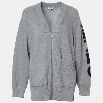 Pre Owned Kenzo Grey Logo Intarsia Knit Pocketed Zip Front Jacket S