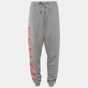 Pre Owned Kenzo Grey Rib Cotton Knit Logo Print Track Pants L