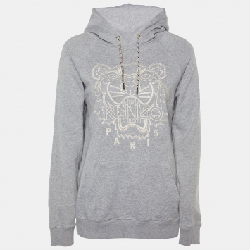 Pre Owned Kenzo Grey Tiger Embroidered Cotton Knit Hoodie S