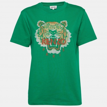 Pre Owned Kenzo Green Tiger Embroidered Cotton Crew Neck T-Shirt M