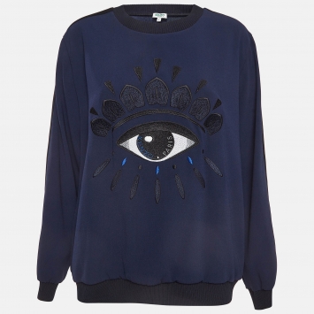 Pre Owned Kenzo Navy Blue Crepe Evil Eye Embroidered Jumper L