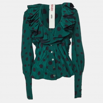 Pre Owned Kenzo Green Polka Dot Print Silk Ruffled Blouse M