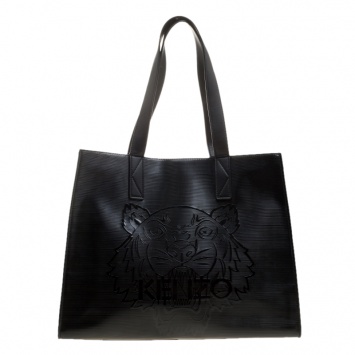 Pre Owned Kenzo Black Patent PVC Tiger Embossed Shopping Tote