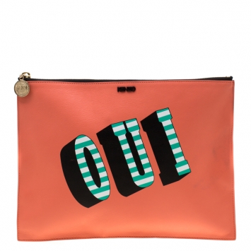 Pre Owned Kenzo Coral Orange Leather Oui & Non Clutch 