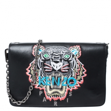 Pre Owned Kenzo Black Leather Embroidered Tiger Shoulder Bag