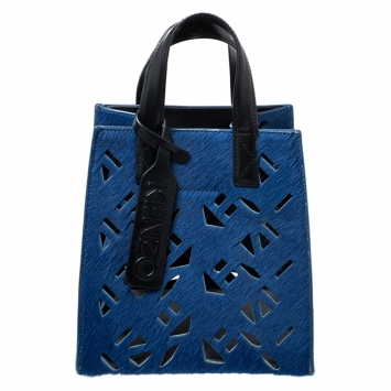 Pre Owned Kenzo Blue/Black Cut Out Calfhair and Leather Small Tote