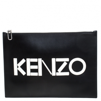 Pre Owned Kenzo Black Leather Logo Zip Clutch