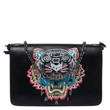 Pre Owned Kenzo Black Leather Embroidered Tiger Shoulder Bag