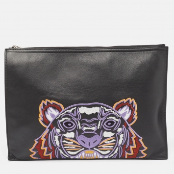 Pre Owned Kenzo Black Tiger Embroidered Leather Zip Flat Pouch