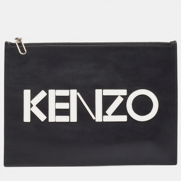Pre Owned Kenzo Black Leather Logo Zipped Pouch