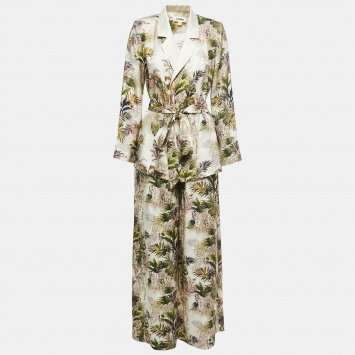 Pre Owned L'agence Beige 7 Green Safari Printed Wrap Top and Pants Set S
