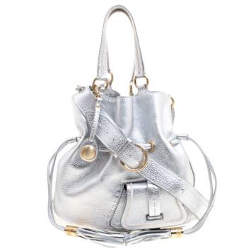 Pre Owned Lancel Silver Leather Premier Flirt Bucket Shoulder Bag
