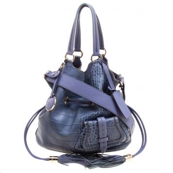 Pre Owned Lancel Blue Croc Embossed Leather Premier Flirt Bucket Bag