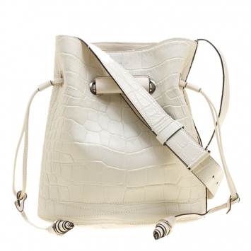 Pre Owned Lancel Off White Croc Embossed Leather Drawstring Bucket Bag