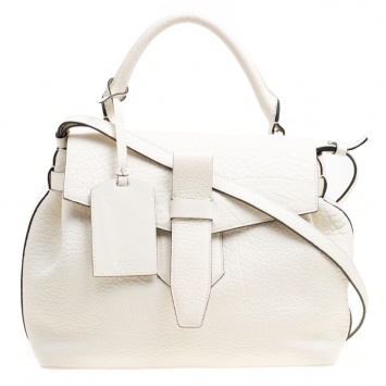Pre Owned Lancel Off White Grained Leather Medium Charlie De Lancel Top Handle Bag