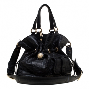 Pre Owned Lancel Black Croc Embossed Leather Premier Flirt Bucket Bag