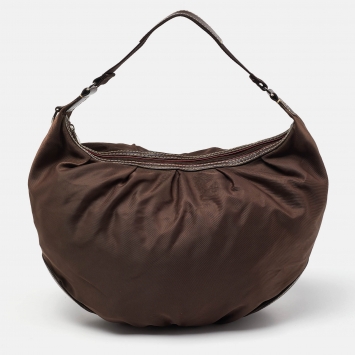 Pre Owned Lancel Brown Nylon and Leather Hobo