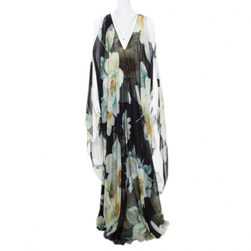 Pre Owned Lanvin Black Dark English Rose Printed Silk Cold Shoulder Overlay Maxi Dress XL