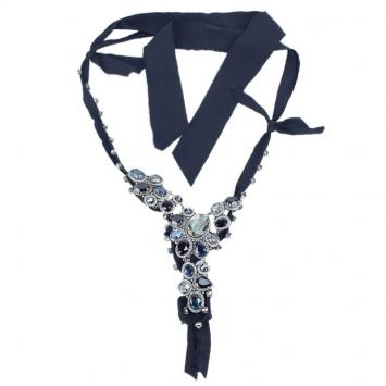 Pre Owned Lanvin Blue and Black Crystal Embellished Silver-tone Necklace