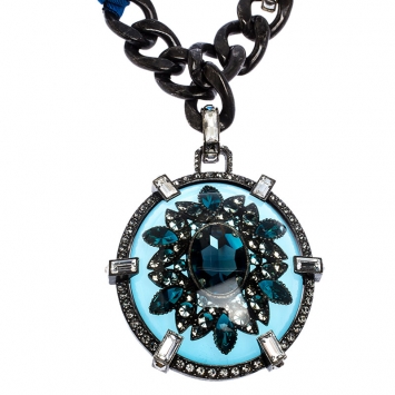 Pre Owned Lanvin Two Tone Chain Crystal Embellished Cabochon Pendant Ribbon Necklace