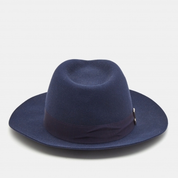 Pre Owned Lanvin Navy Blue Rabbit Felt Fedora Hat M