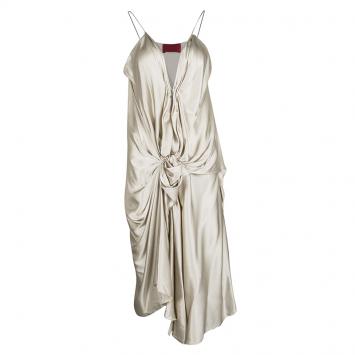 Pre Owned Lanvin Beige Silk Satin Draped Zip Detail Sleeveless Dress L