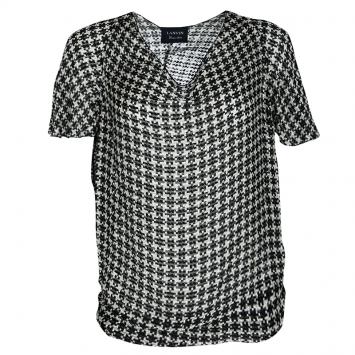 Pre Owned Lanvin Monochrome Textured Houndstooth Pattern Short Sleeve Top S