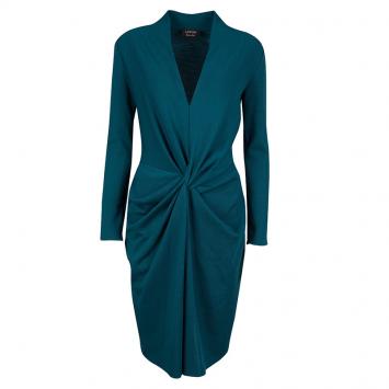 Pre Owned Lanvin Teal Blue Wool Twist Front Long Sleeve Dress M