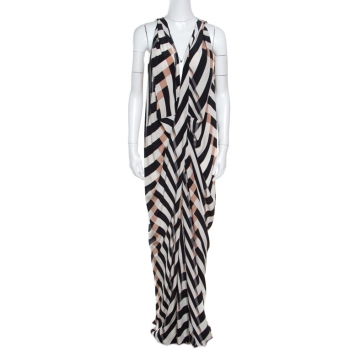 Pre Owned Lanvin Multicolor Chevron Patterned Silk Draped Maxi Dress L