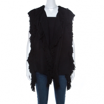 Pre Owned Lanvin Black Fringe Edge Wool Blend Knit Vest M