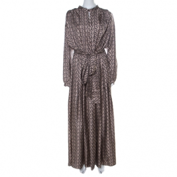 Pre Owned Lanvin Beige Printed Silk Front Slit Neckline Belted Maxi Dress L