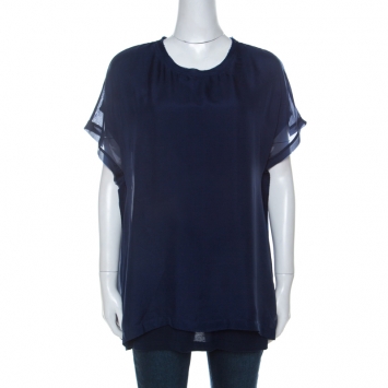 Pre Owned Lanvin Navy Blue Silk Chiffon Raw Edge Detail Short Sleeve Top XL 