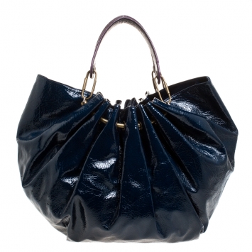 Pre Owned Lanvin Blue Crinkled Patent Leather Sac Polisson Tote
