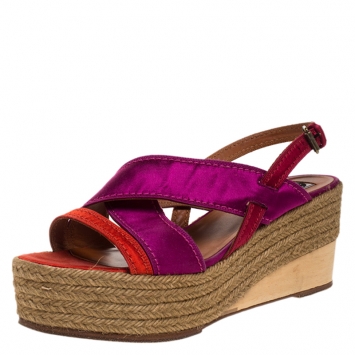 Pre Owned Lanvin Tricolor Satin Espadrille Wedge Platform Ankle Strap Sandals Size 41