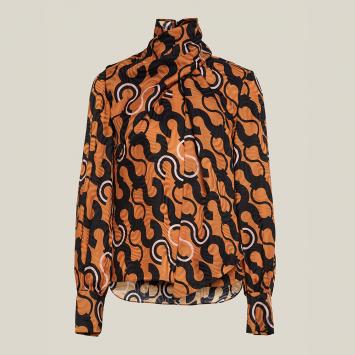 Pre Owned LAYEUR Brown Fine Printed Scarf-Neck Blouse FR 50